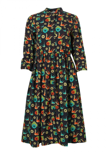 Mandarin collar bird print dress