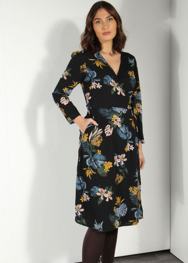 Abstract Floral Print Wrap Dress